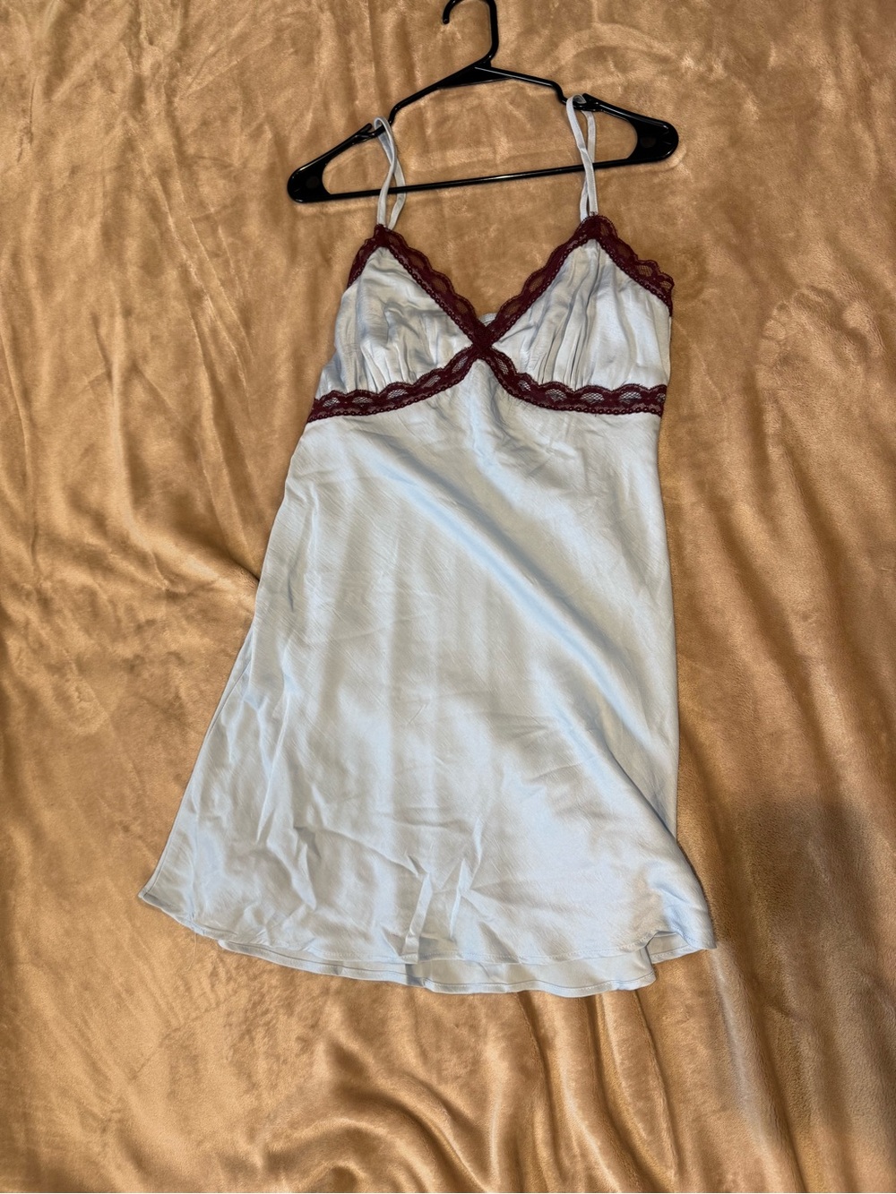 wild fable Light Blue Satin Slip with Burgundy Lace Trim